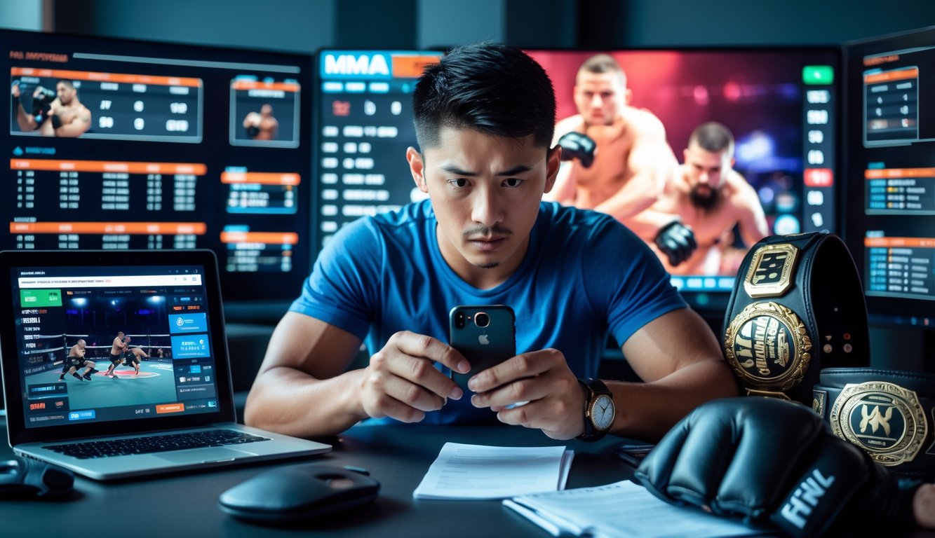 Seorang pria muda sedang fokus melihat beberapa layar digital yang menampilkan statistik dan pertandingan MMA, sambil menggunakan aplikasi taruhan di ponsel di ruangan modern.