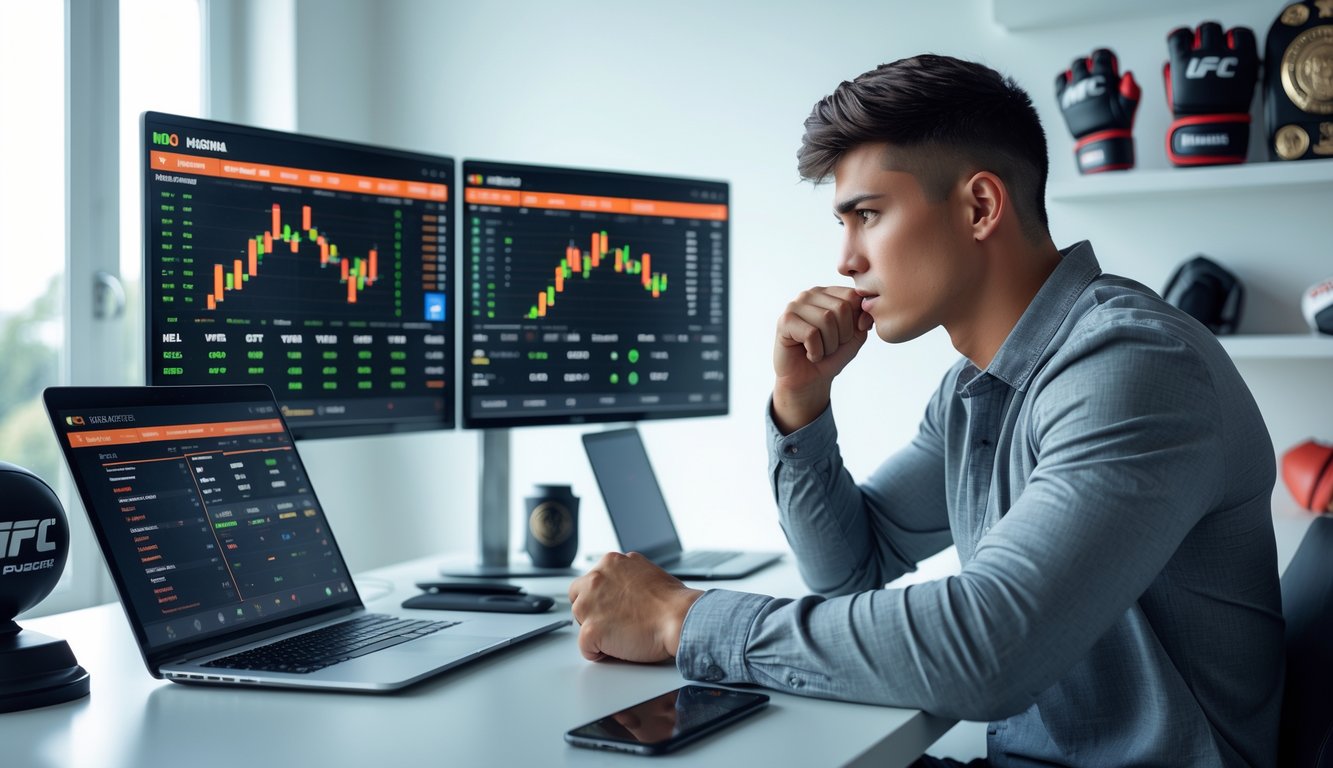 Seorang pria muda sedang duduk di meja kerja dengan beberapa layar yang menampilkan statistik dan grafik pertarungan MMA.