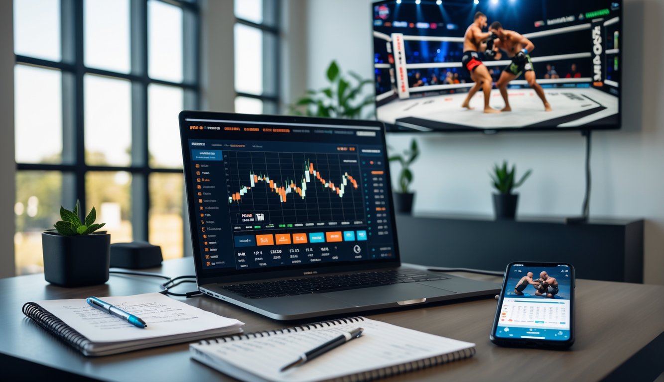 Seorang pria duduk di meja kerja dengan laptop yang menampilkan statistik dan peluang taruhan MMA, di sekitarnya terdapat catatan dan ponsel yang menayangkan pertandingan MMA langsung.
