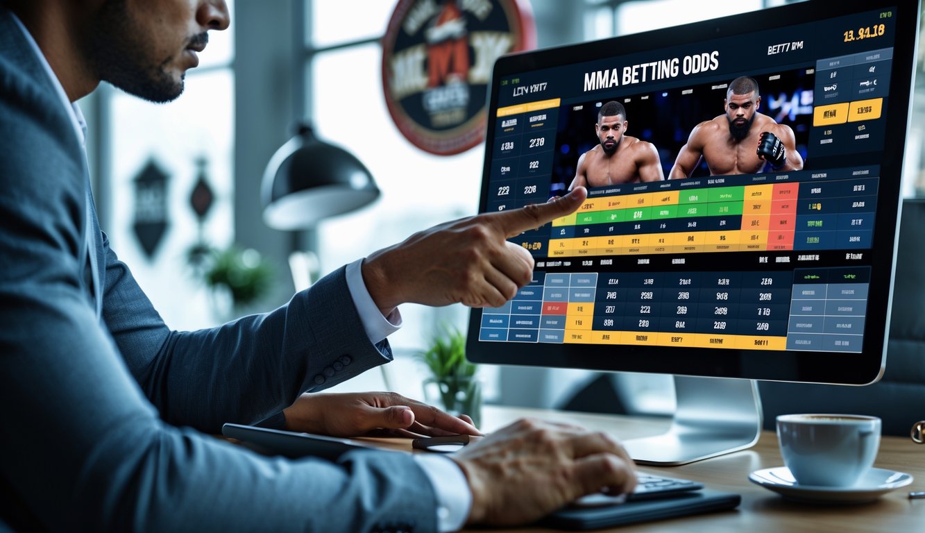 Seseorang sedang menganalisis peluang taruhan MMA di depan layar komputer di ruang kerja modern.