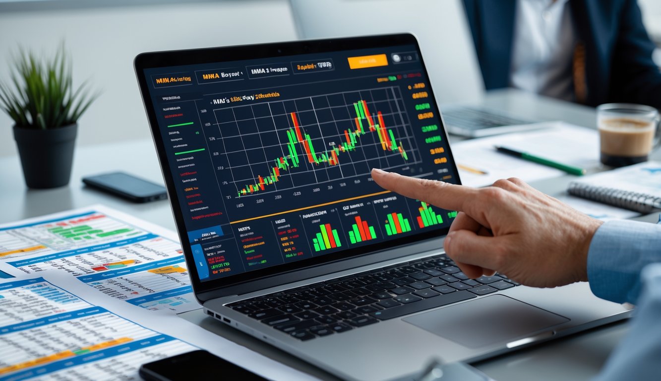 Seorang profesional sedang menganalisis data odds taruhan MMA di depan laptop di ruang kerja yang rapi.