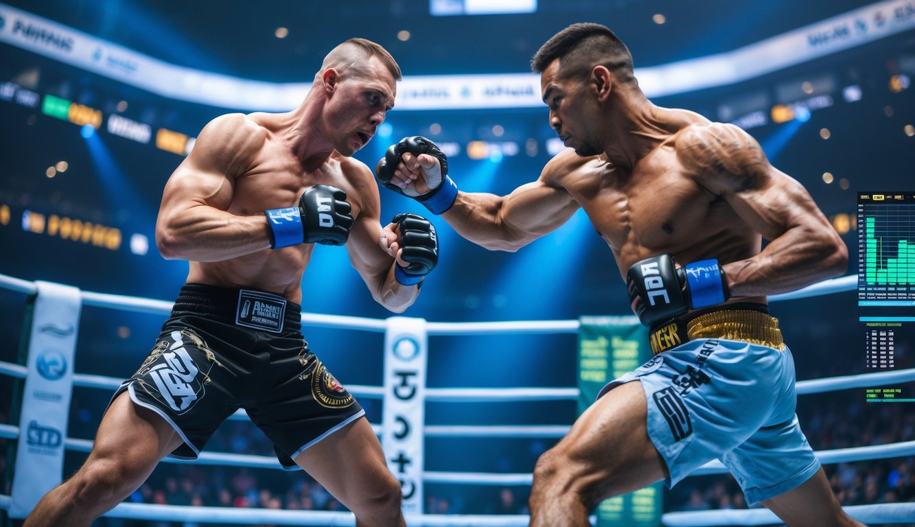 Dua petarung MMA sedang bertarung di dalam arena dengan penonton di latar belakang.