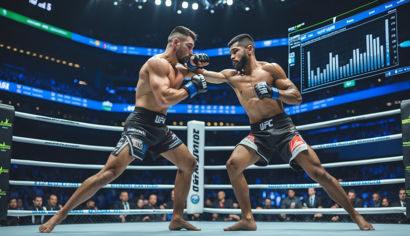 Dua petarung MMA sedang bertanding di dalam kandang octagon dengan penonton dan lampu arena di latar belakang.