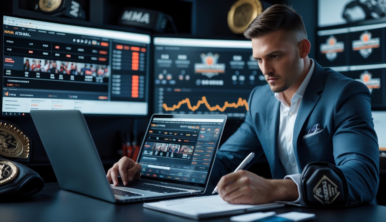 Seorang profesional sedang menganalisis data taruhan MMA di depan laptop dengan beberapa layar menampilkan pertandingan MMA dan statistik taruhan.