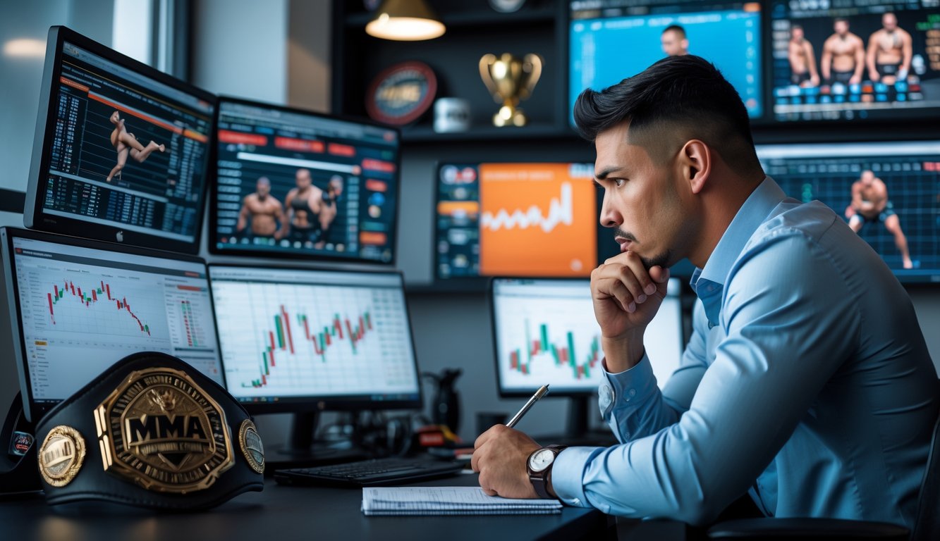 Seorang pria sedang serius menganalisis pola taruhan MMA di depan beberapa layar komputer di kantor modern.