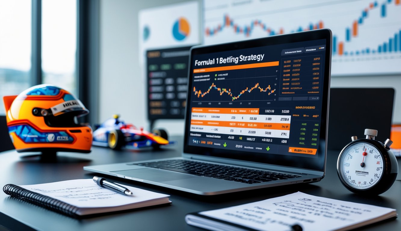 Meja kerja dengan laptop menampilkan statistik balap Formula 1, model mobil balap miniatur, helm balap, dan alat tulis di lingkungan kantor yang terang.