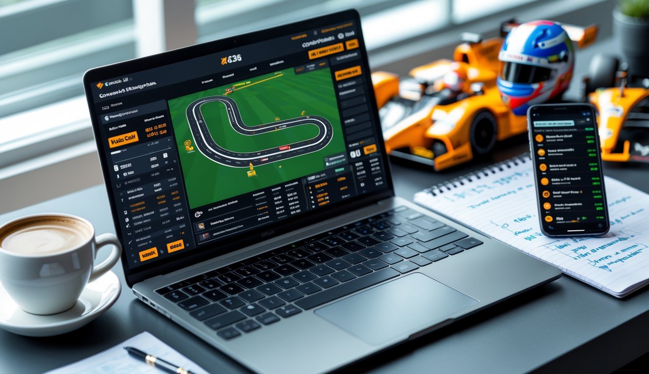 Meja kerja dengan laptop menampilkan peta sirkuit Formula 1 dan grafik taruhan, ponsel dengan pembaruan balapan, catatan strategi taruhan, dan model mobil Formula 1 kecil di latar belakang.