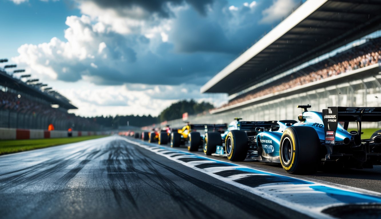 Beberapa mobil Formula 1 berbaris di garis start di lintasan balap dengan cuaca mendung dan permukaan lintasan yang sedikit basah.