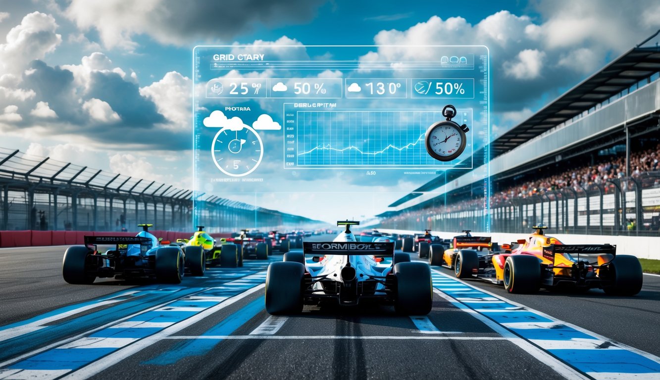 Deretan mobil balap Formula 1 di garis start dengan tampilan data cuaca dan grafik taruhan di latar belakang.