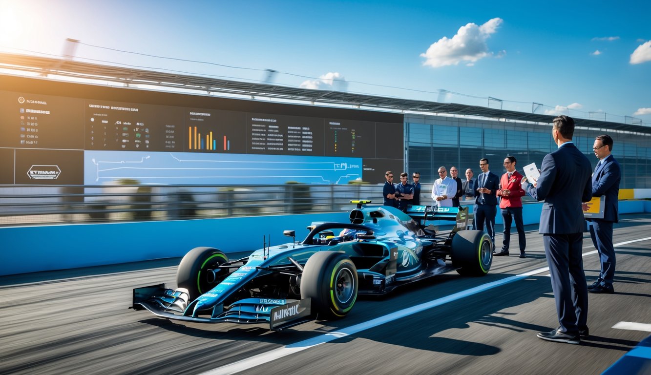 Mobil Formula 1 melaju cepat di lintasan dengan analis dan ahli strategi mengamati dan berdiskusi di pinggir lintasan.