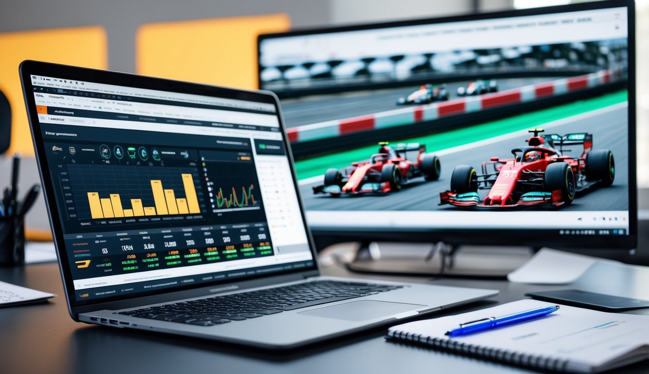 Seorang analis sedang bekerja dengan laptop yang menampilkan data balapan Formula 1 dan grafik, dengan layar besar menampilkan balapan Formula 1 di latar belakang.