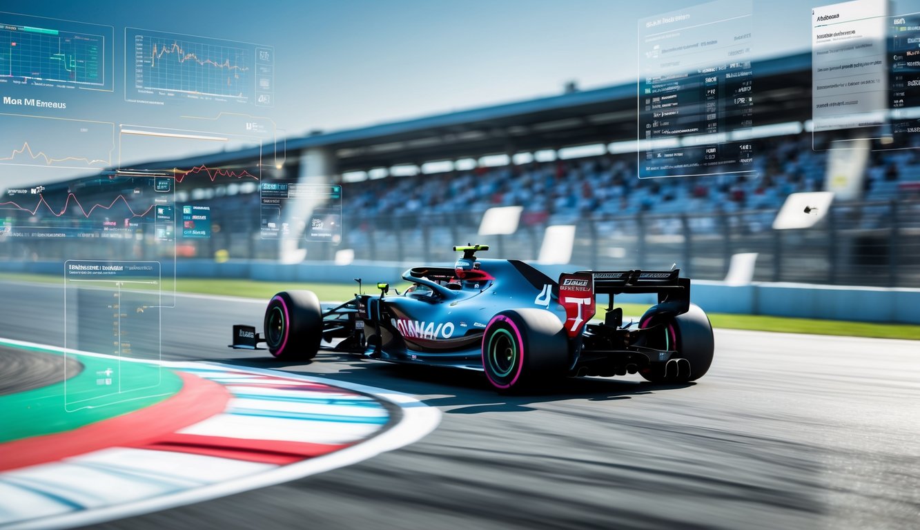 Mobil Formula 1 melaju cepat di lintasan balap dengan grafik statistik dan data performa tim yang terlihat di latar belakang.