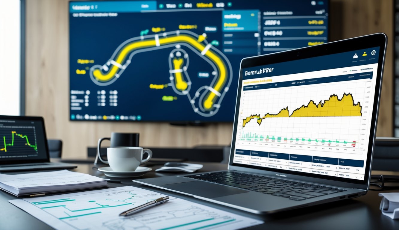 Meja kerja dengan laptop yang menampilkan peta sirkuit F1 dan grafik performa tim, dikelilingi oleh catatan dan layar besar dengan peta lintasan balap.
