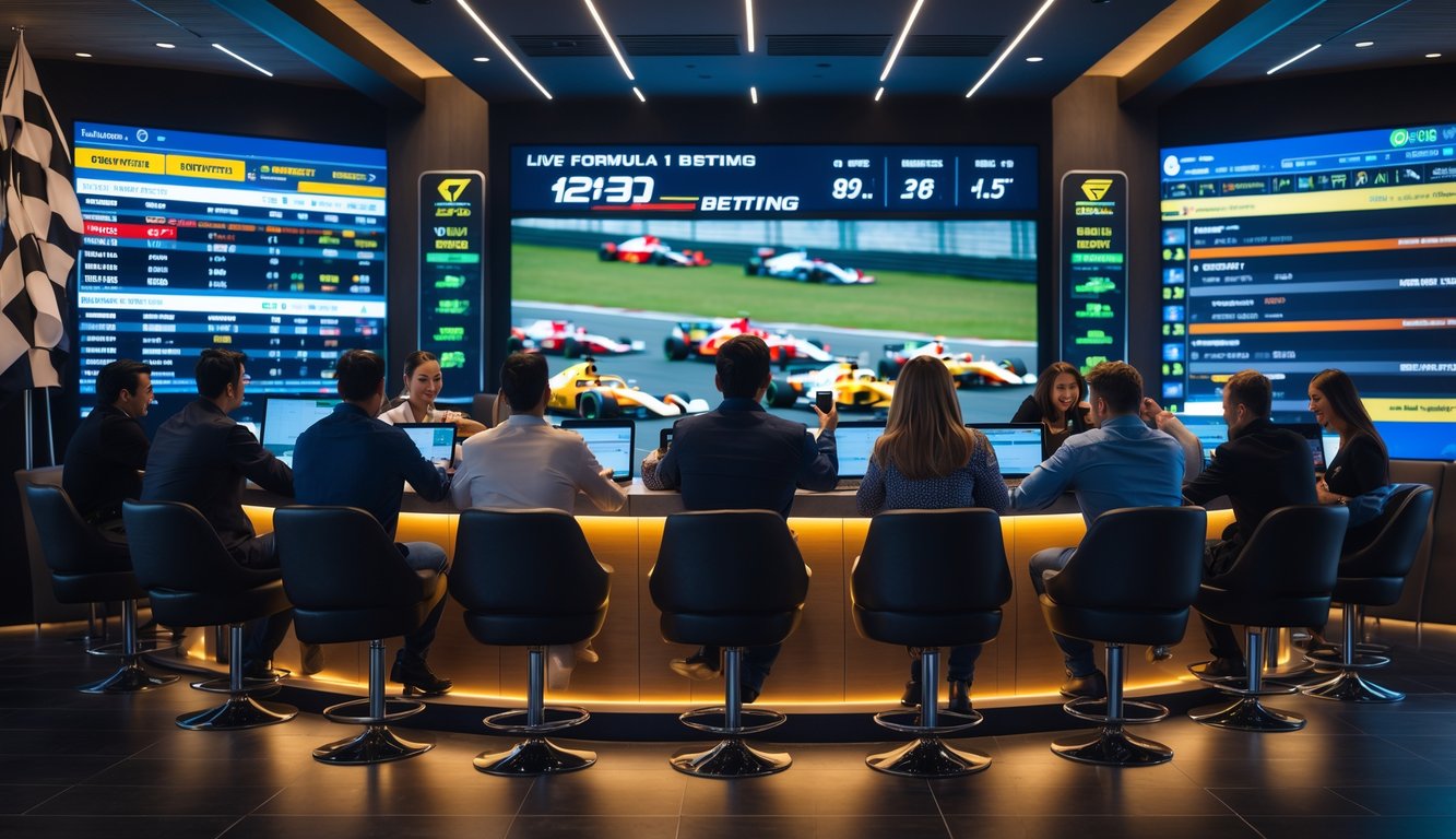 Orang-orang sedang melihat layar besar dengan data balapan Formula 1 dan memasang taruhan secara langsung di lingkungan sportsbook yang modern dan ramai.