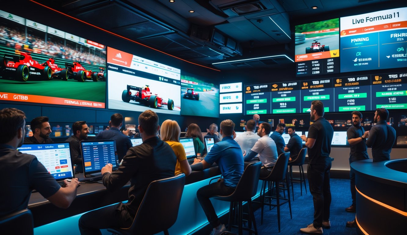 Orang-orang di sebuah ruang taruhan menonton balapan Formula 1 langsung dan memasang taruhan menggunakan perangkat digital.