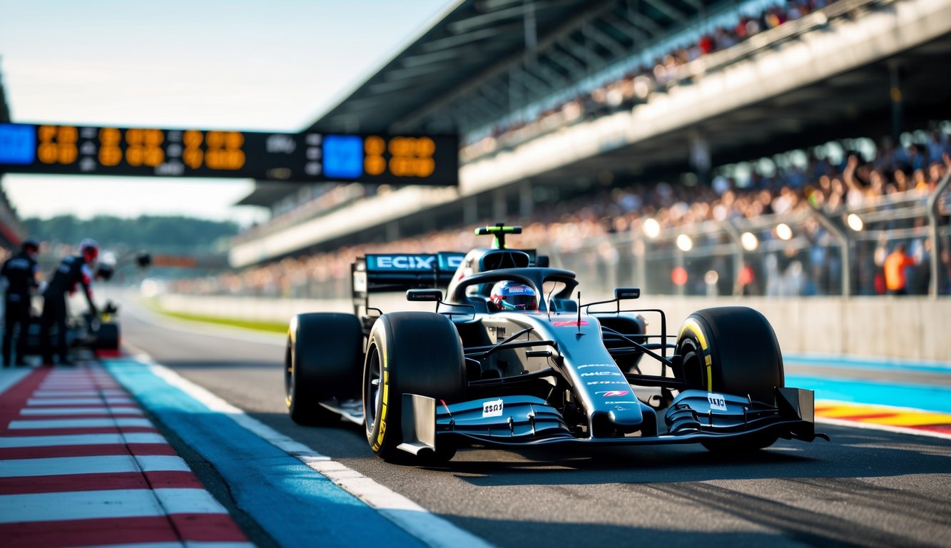 Mobil Formula 1 di lintasan balap saat sesi kualifikasi dengan papan waktu digital dan penonton di tribun.