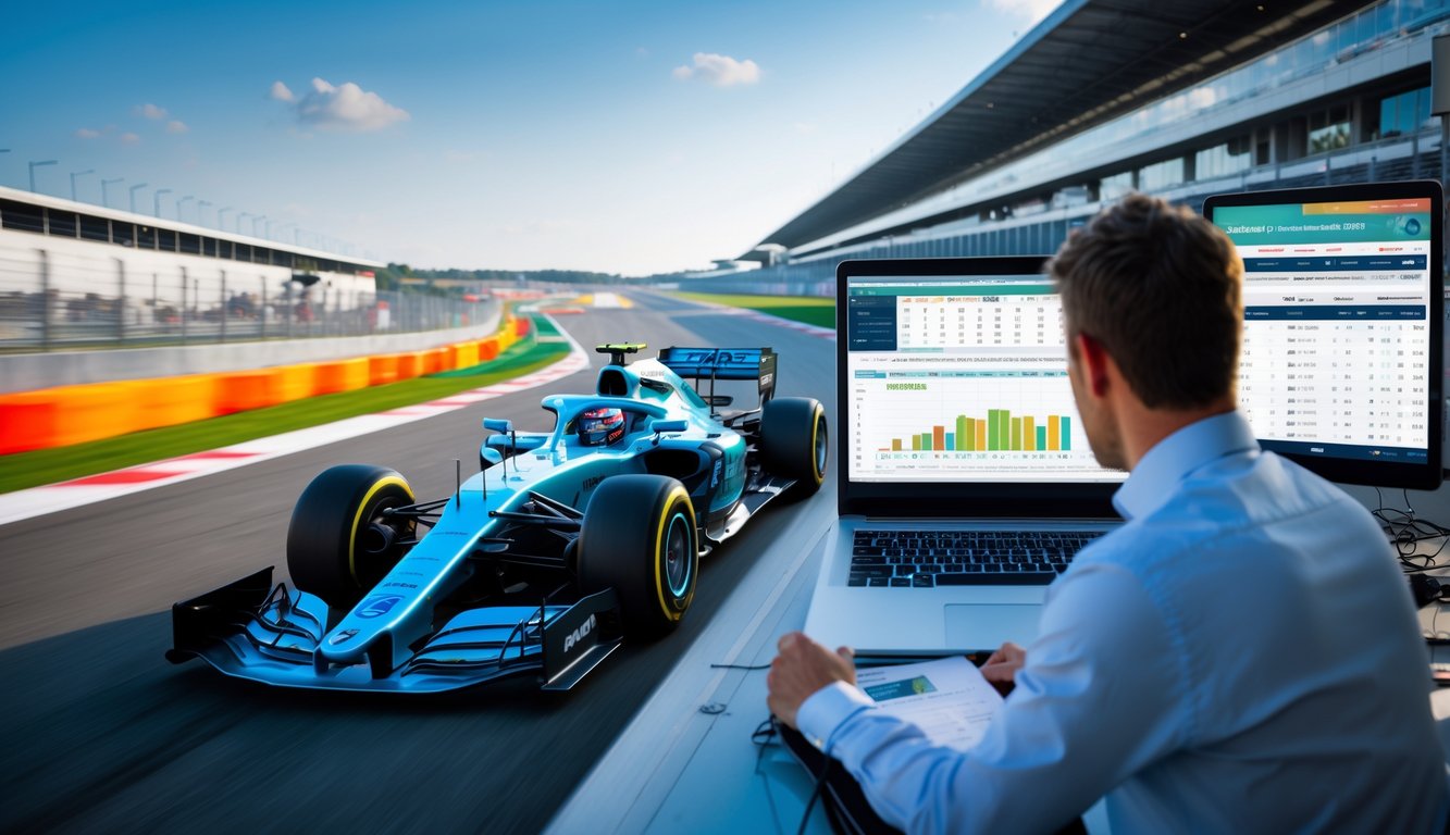 Seorang petaruh fokus melihat data balapan F1 dan hasil kualifikasi terbaru sambil mobil Formula 1 melaju cepat di lintasan balap.