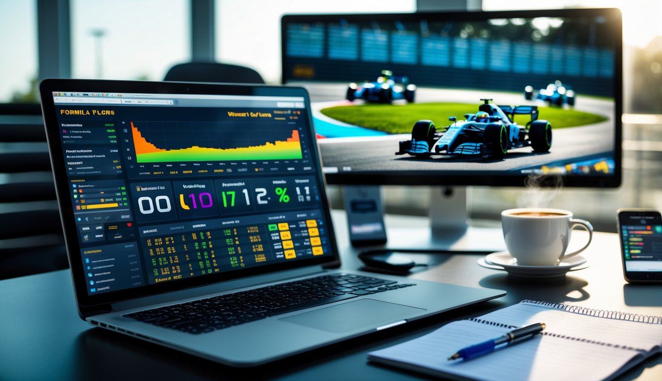 Seorang profesional sedang menganalisis data taruhan Formula 1 di meja kerja dengan laptop, catatan, dan layar menampilkan balapan Formula 1.