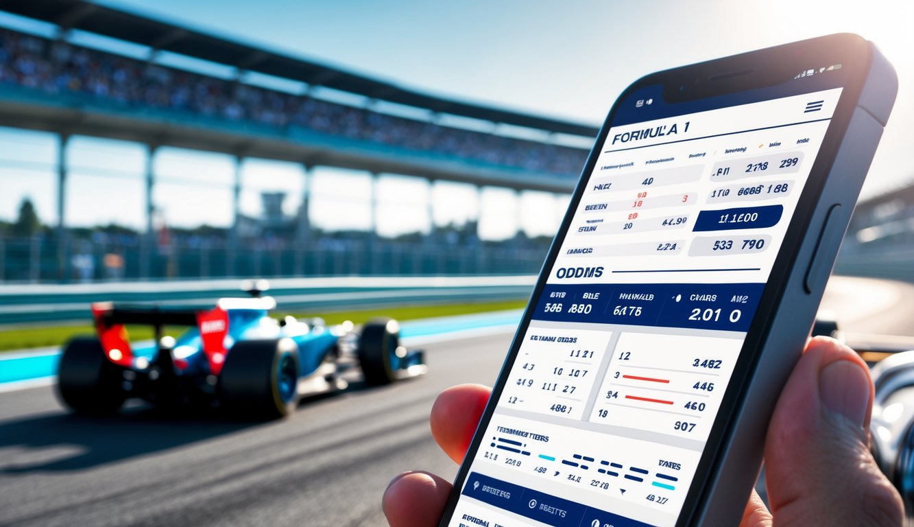 Seseorang menggunakan perangkat digital menampilkan odds taruhan Formula 1 dengan latar belakang lintasan balap Formula 1.