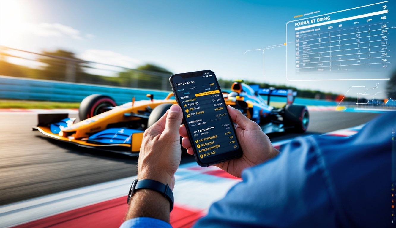 Seorang pria memegang ponsel dengan latar mobil balap Formula 1 yang sedang melaju di lintasan.