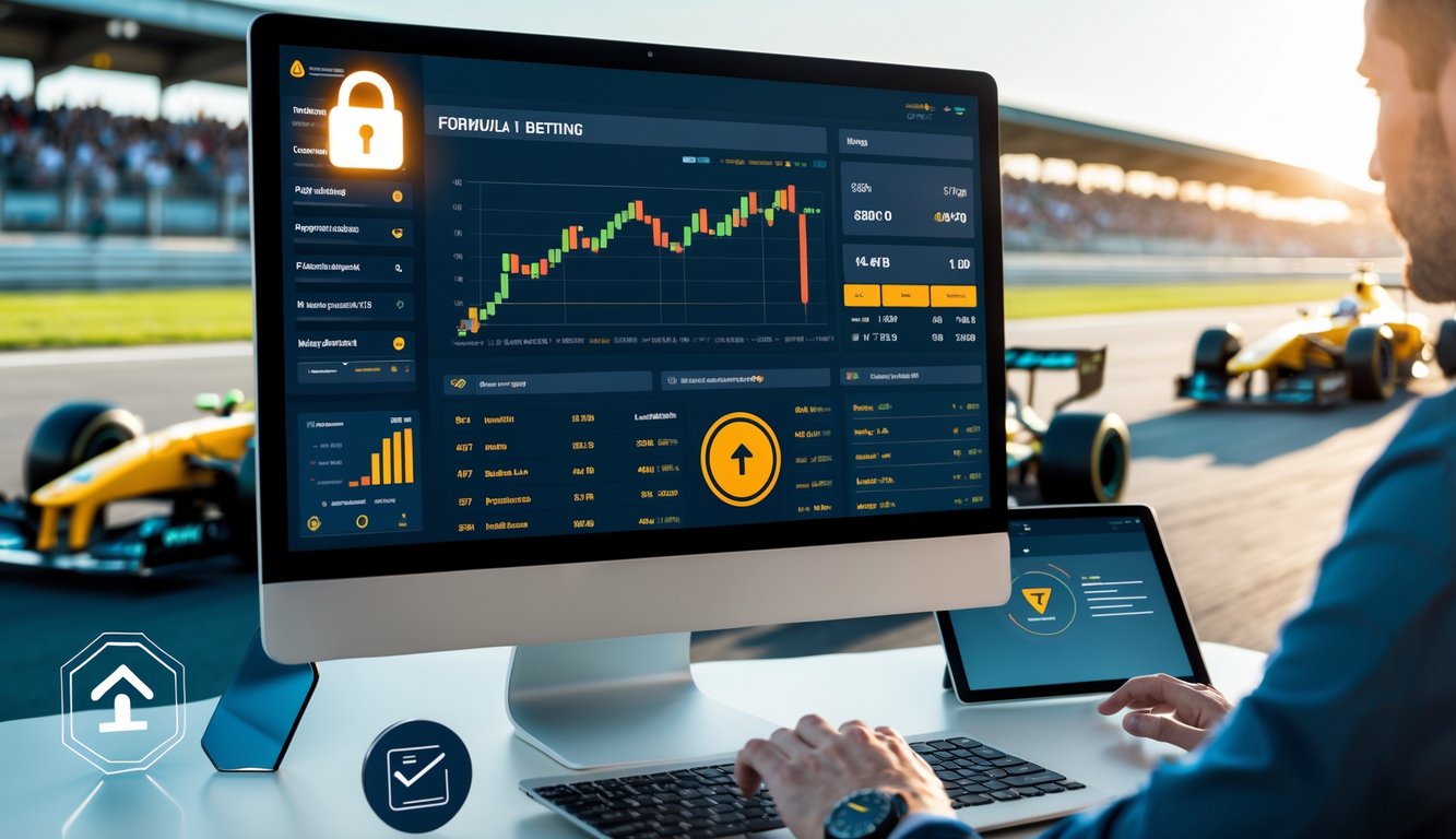 Sebuah ruang kerja digital modern dengan monitor menampilkan data taruhan Formula 1 dan ikon yang melambangkan kepercayaan, dengan latar belakang mobil balap Formula 1 yang sedang melaju di lintasan.