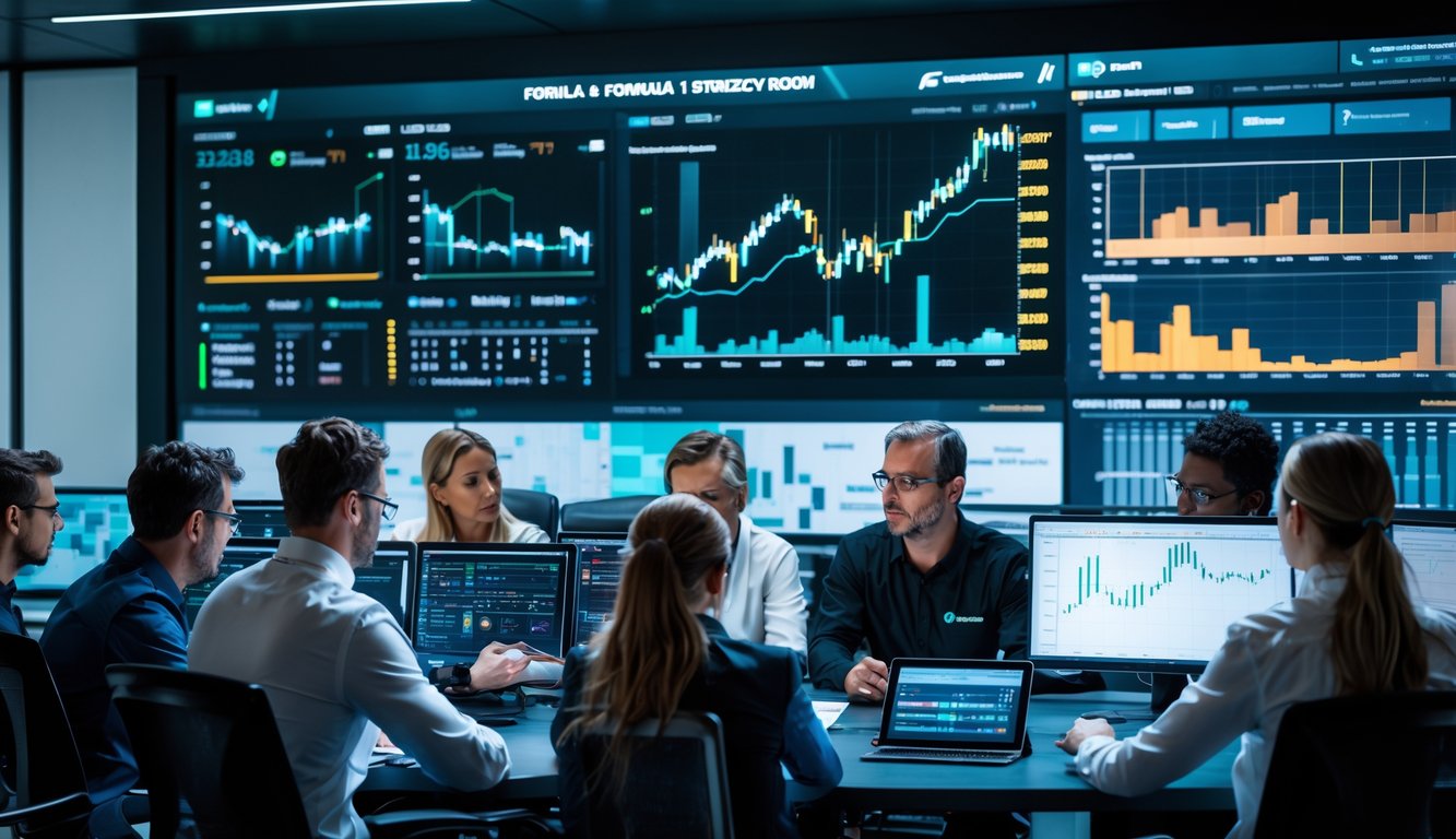 Seorang tim insinyur dan analis sedang mempelajari data telemetri dan riwayat balapan Formula 1 di ruang strategi yang modern.