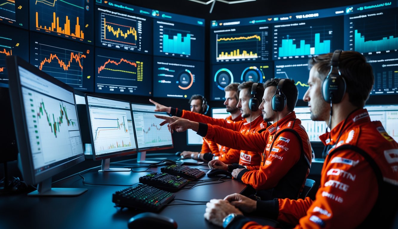 Tim insinyur dan ahli strategi sedang menganalisis data telemetri balapan F1 di ruang kontrol dengan monitor besar menampilkan grafik dan statistik balapan.