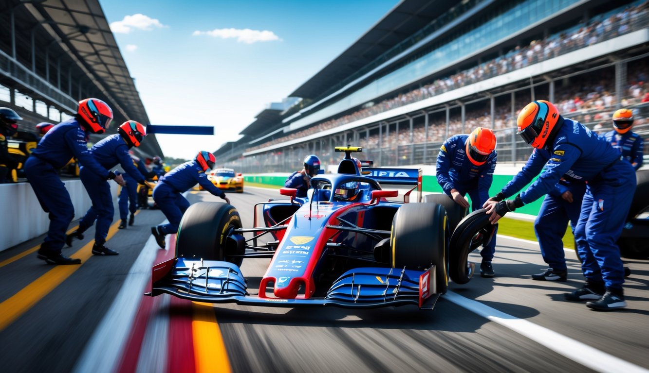 Adegan pit stop Formula 1 dengan mobil balap dan kru pit yang sedang bekerja cepat, serta mobil safety car di lintasan balap.