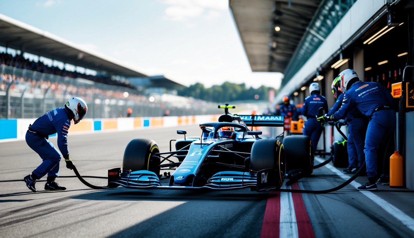 Mobil Formula 1 sedang melakukan pit stop dengan kru pit bekerja cepat, dan mobil safety car terlihat di lintasan balap.