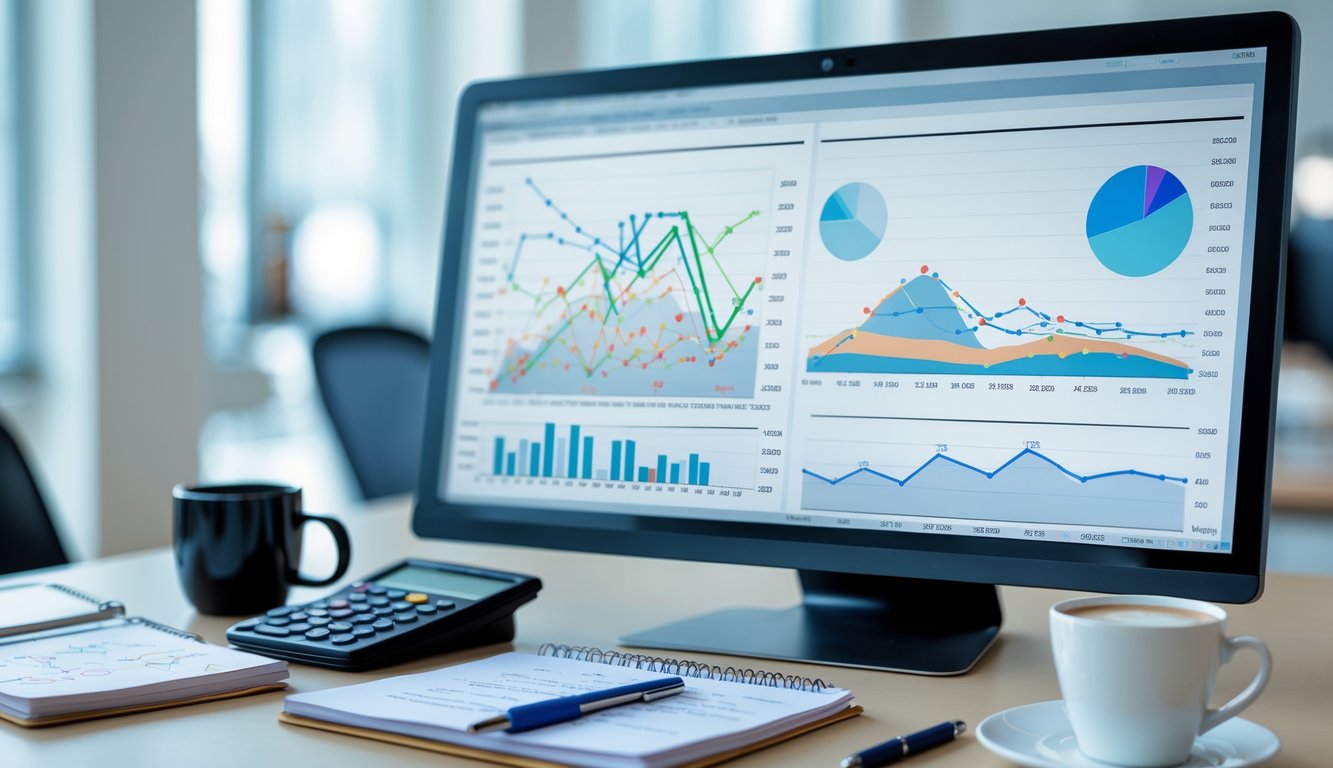 Meja kerja dengan komputer yang menampilkan grafik statistik dan alat tulis di sekitarnya dalam ruangan kantor yang terang.
