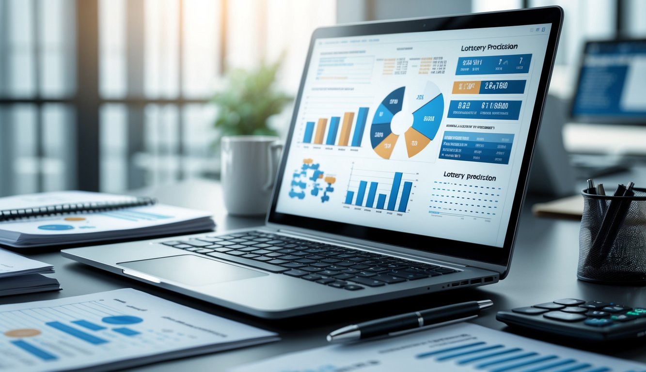 Meja kerja dengan laptop yang menampilkan grafik statistik dan alat tulis di sekitarnya.