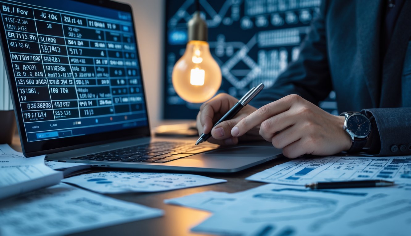 Meja kerja dengan laptop, kertas berisi perhitungan angka, dan tangan yang memegang pena sedang menulis.