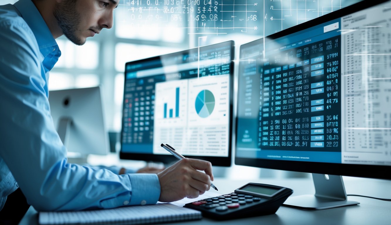 Seorang individu sedang menganalisis data angka dan grafik di depan beberapa layar komputer di ruang kantor modern.