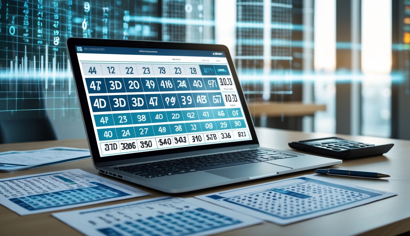 Sebuah ruang kerja modern dengan laptop yang menampilkan grafik dan pola angka, dilengkapi dengan kertas data, kalkulator, dan pena di atas meja.
