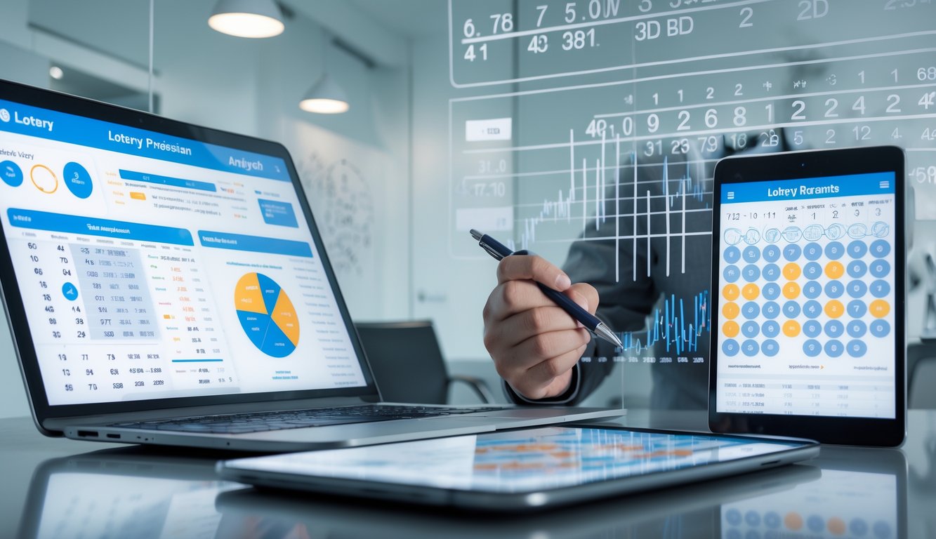 Seorang profesional sedang menganalisis data pola keluaran togel 4D, 3D, dan 2D di meja kerja dengan perangkat digital dan grafik.