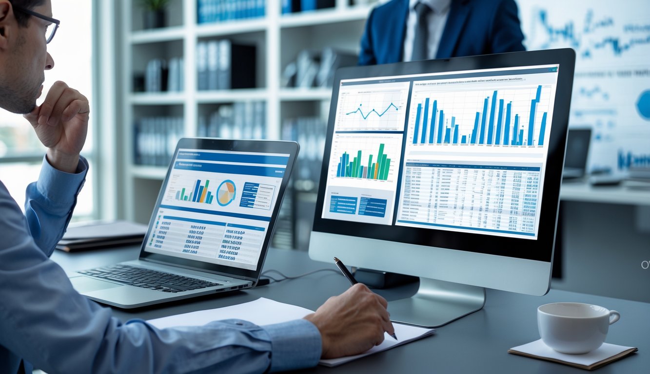 Seorang individu sedang menganalisis data pada layar komputer di ruang kerja modern dengan grafik dan tabel data historis.