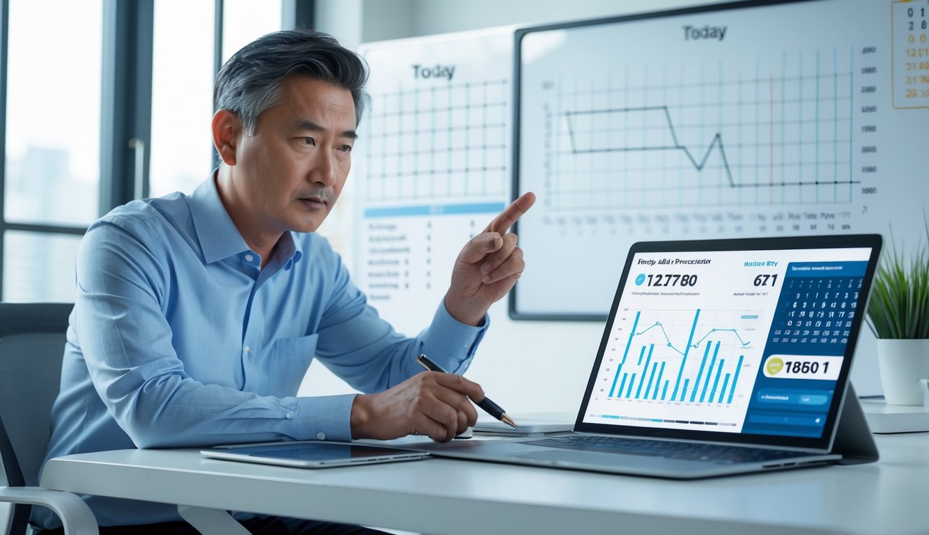 Seorang pria Asia duduk di meja kerja modern sambil menganalisis data di laptop dan tablet, dengan papan tulis berisi rumus dan grafik di latar belakang.