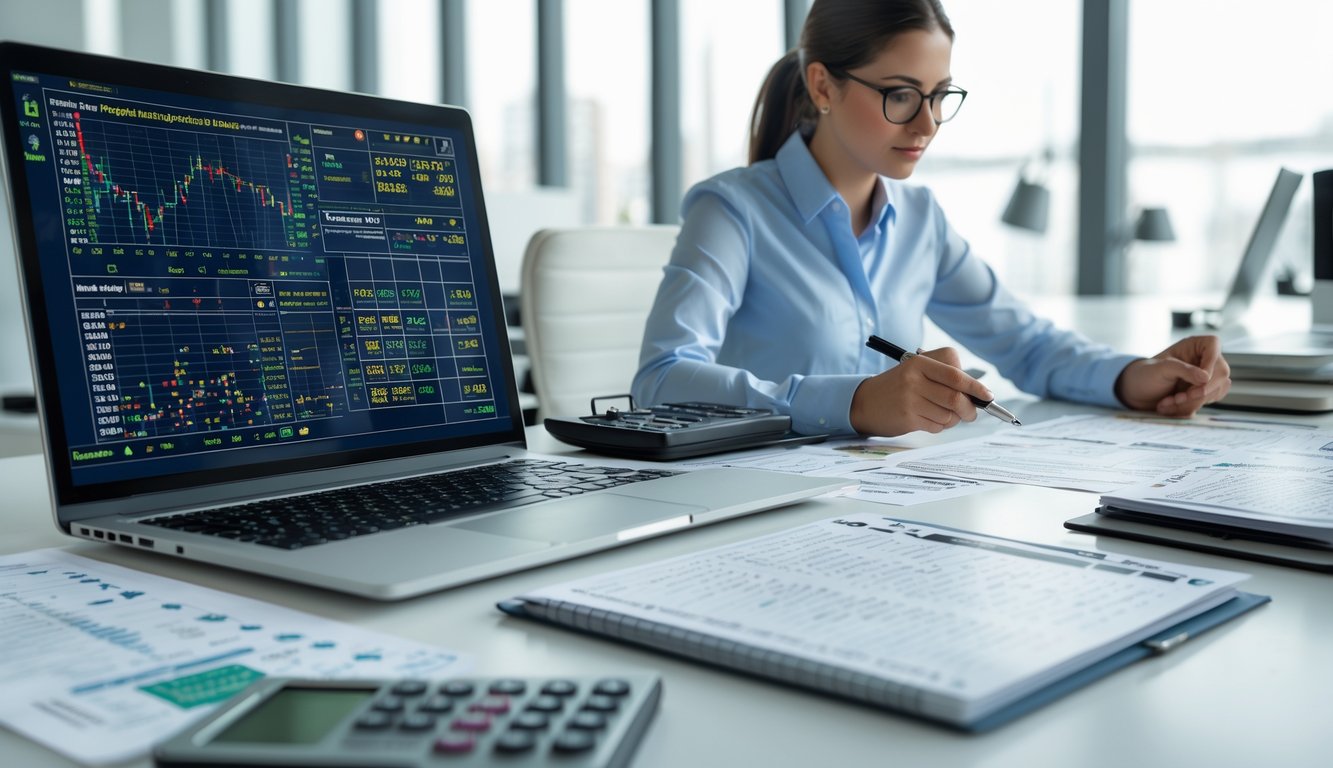 Seorang profesional sedang menganalisis data angka di meja kerja dengan laptop dan kertas berisi grafik dan angka.