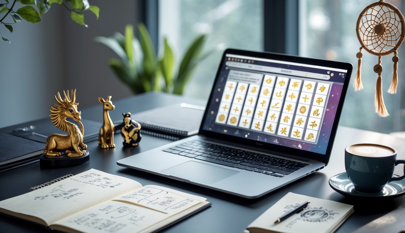 Meja kerja modern dengan laptop, catatan, dan dekorasi bertema shio dan mimpi.