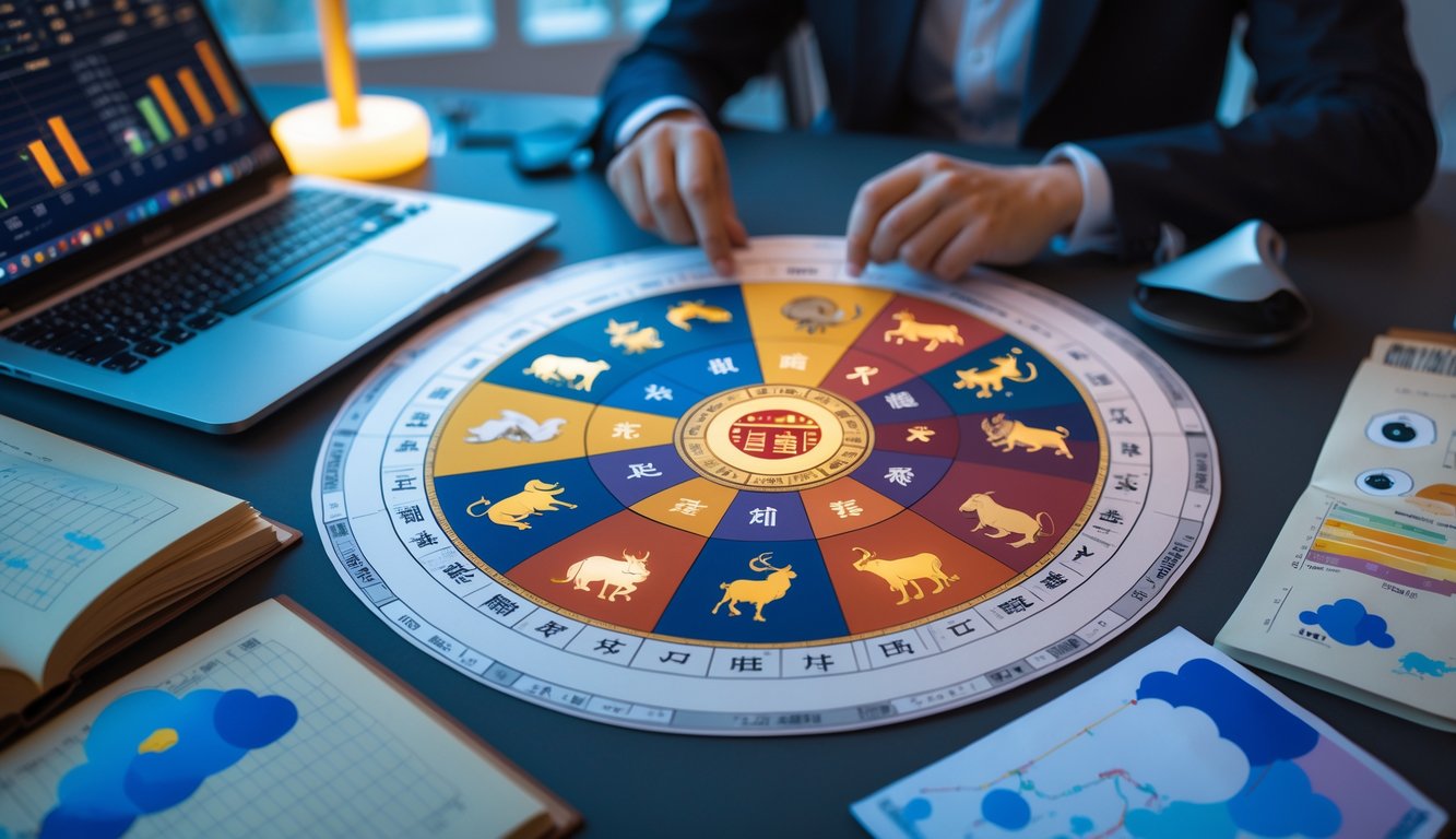 Seseorang sedang menganalisis diagram shio dan gambar mimpi di meja kerja yang tertata rapi.