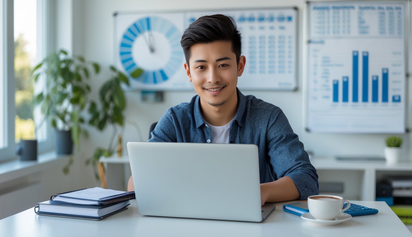 Seorang dewasa muda duduk di meja kerja dengan laptop dan alat tulis, fokus menganalisis data untuk prediksi togel.