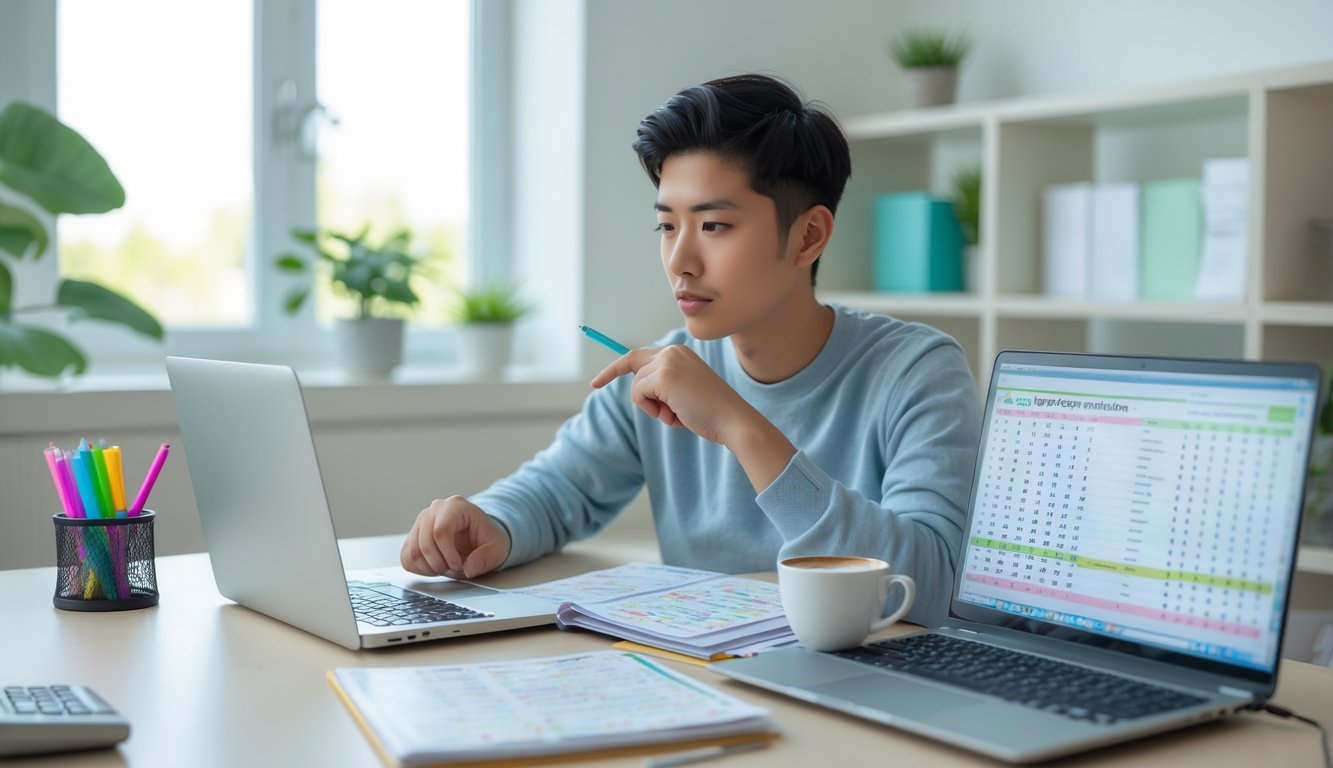 Seorang pemuda duduk di meja kerja dengan laptop dan buku catatan, fokus mempelajari prediksi togel di ruang kerja yang terang dan rapi.