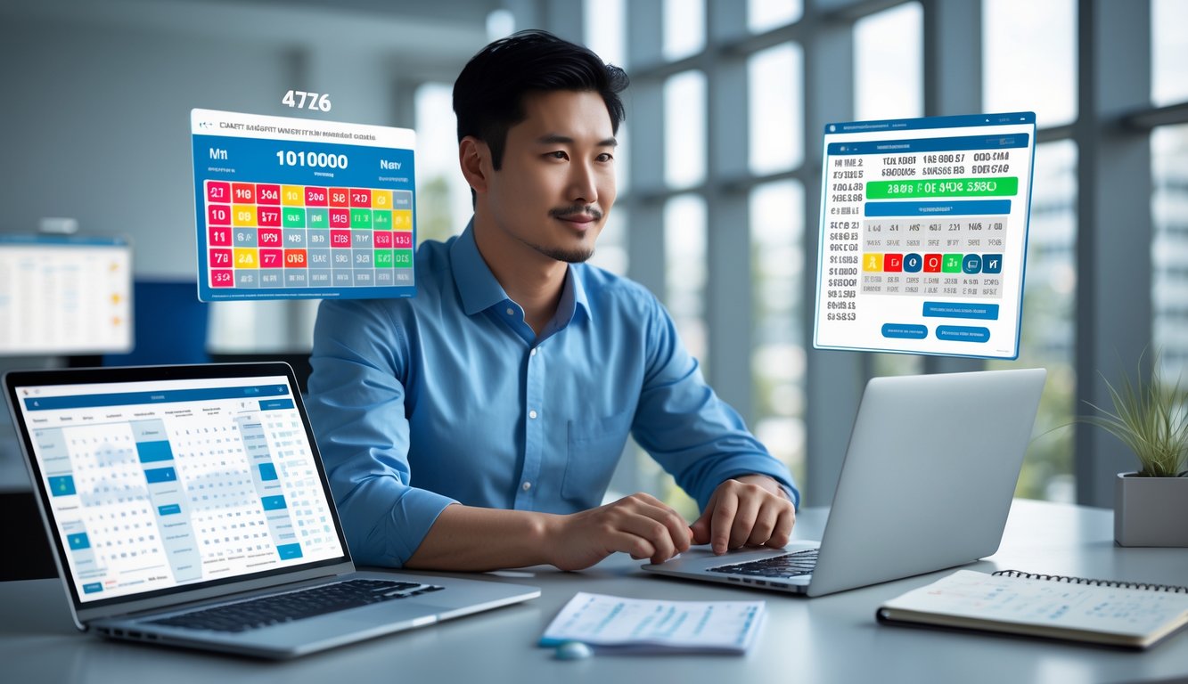 Seorang pria Asia duduk di meja kerja dengan perangkat digital yang menampilkan grafik dan angka, sedang fokus menganalisis data.