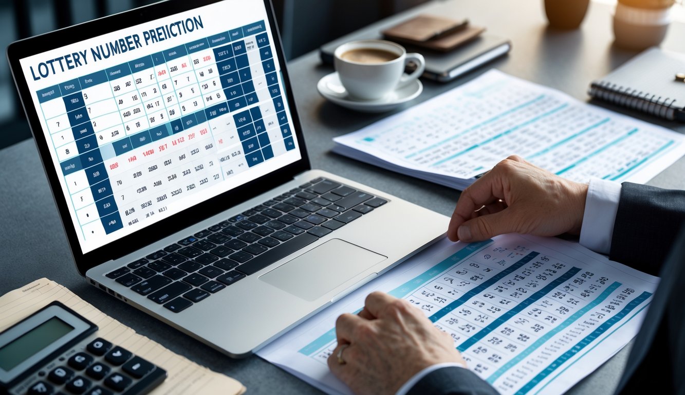 Seseorang sedang menganalisis data angka di meja kerja dengan laptop, kertas, dan kalkulator.