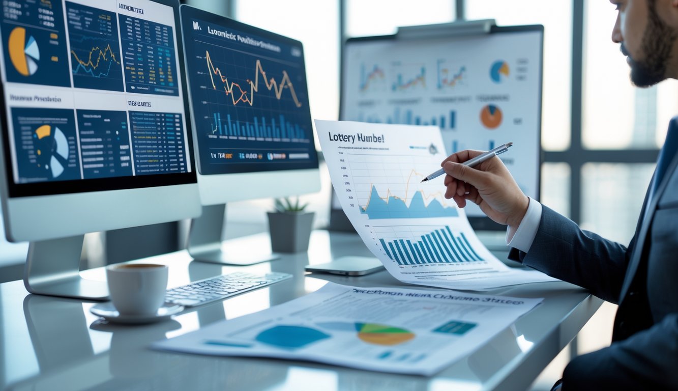 Seorang pria di meja kerja dengan beberapa layar komputer menampilkan grafik dan data angka, sedang menganalisis tren angka togel terbaru.