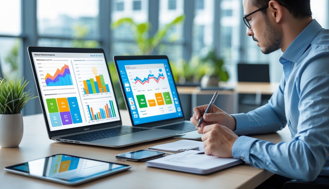 Seorang profesional sedang menganalisis data angka pada layar laptop dan tablet di ruang kantor yang terang dengan jendela besar dan tanaman hias.