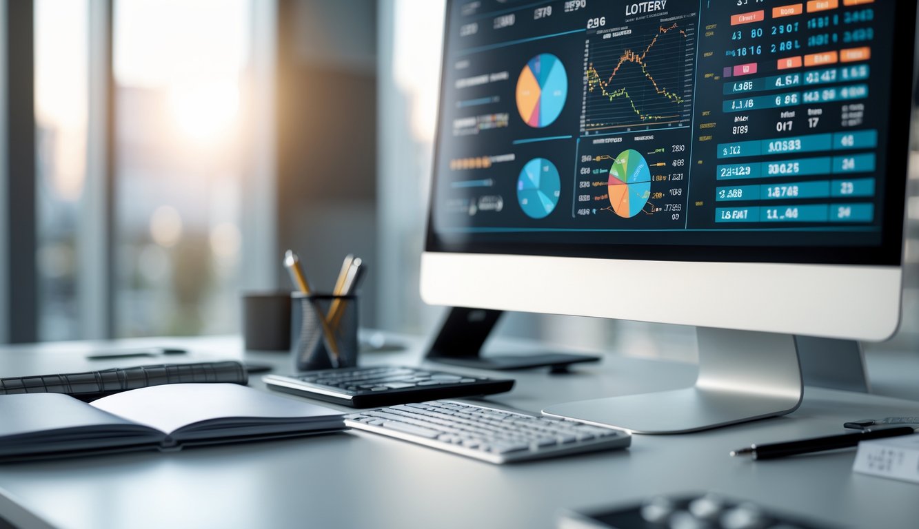 Sebuah meja kerja modern dengan komputer yang menampilkan grafik dan data statistik, dikelilingi alat tulis dan kalkulator, di dalam kantor yang terang.