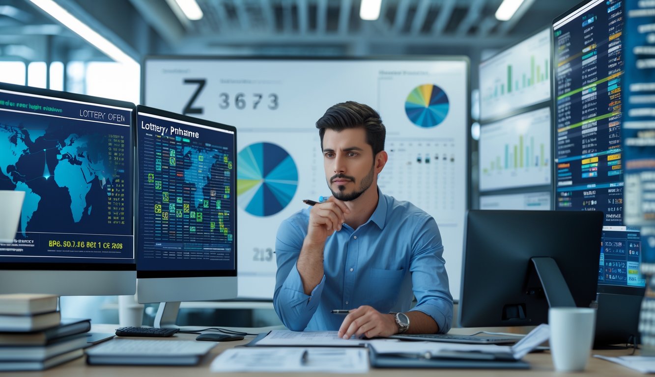 Seorang analis pria sedang melihat layar komputer dengan grafik dan pola statistik di kantor modern.