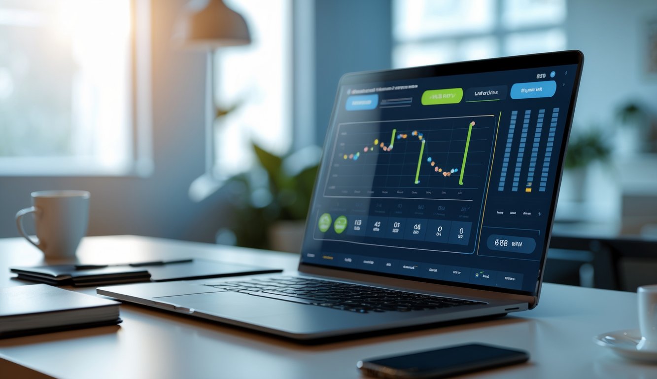 Sebuah ruang kerja modern dengan laptop menampilkan antarmuka lotere digital, ponsel, buku catatan, dan secangkir kopi di atas meja.