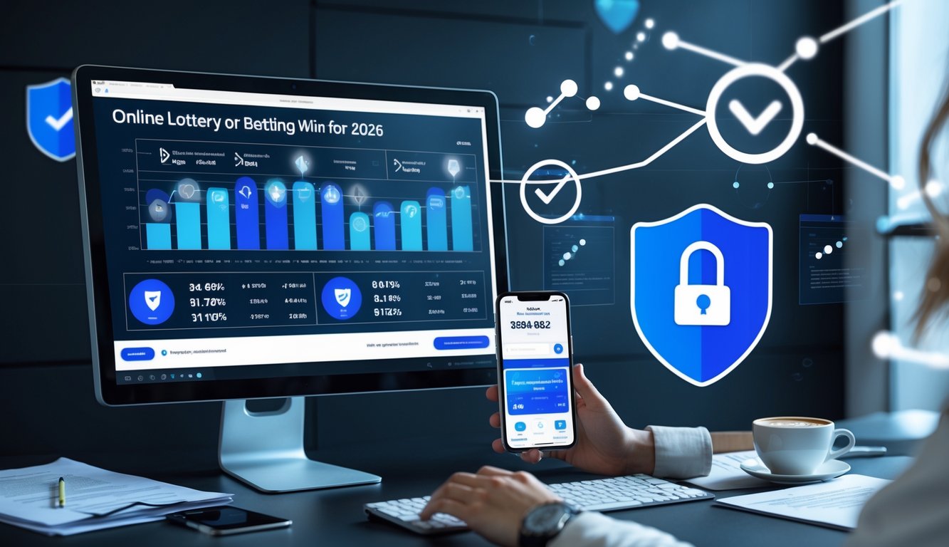Orang sedang bekerja di depan komputer dengan grafik dan simbol keamanan yang menunjukkan aktivitas taruhan togel online terpercaya.